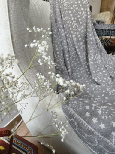 Block Printed Cotton Throw-Gray/Floral