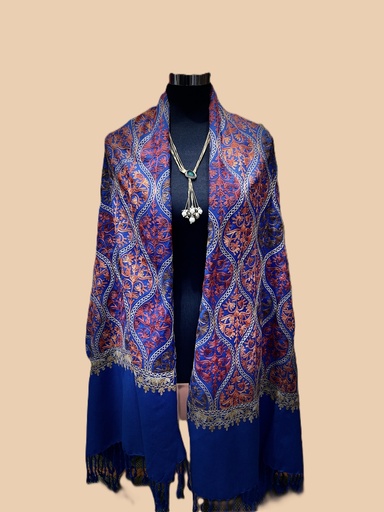Mixed Wool Embroidered Shawl-Royal Blue