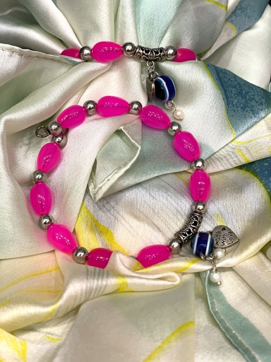 Glass & Silver Beaded  w/Evil Eye-Neon Pink