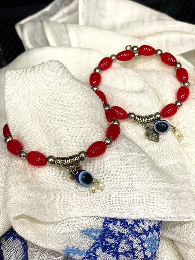 Glass & Silver Beaded w/Evil Eye-Red
