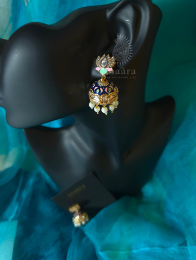 High Gold Jhumka w/Blue Enamel Earring