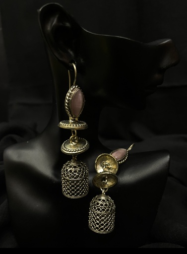 Chandni Oxidized Jhumka Earrings-Pink