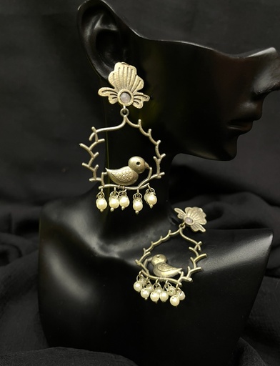 Oxidized Silver Bird Earrings w/Pearl Drops