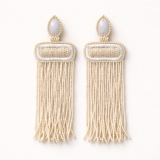 White Beaded Tassel Earrings