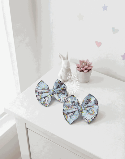 Printed Bow Hair Clips- Blue Unicorn