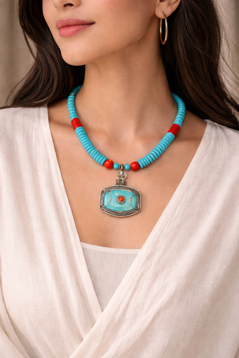 Turquoise & Coral Folk Necklace