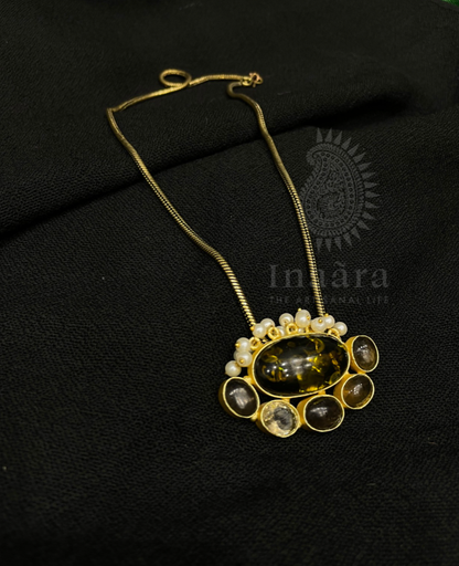 Gold Toned Necklace w/ Multi Stone Pendant