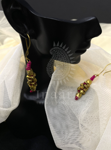 Hexagonal Cluster Beaded Brass Drop Earrings-Pink