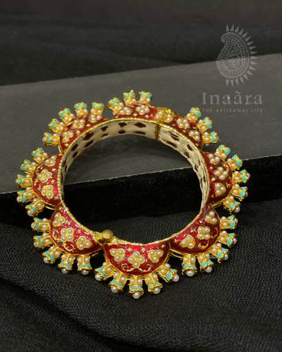 Oversized Pearl Meenakari Bangle- Red & Green