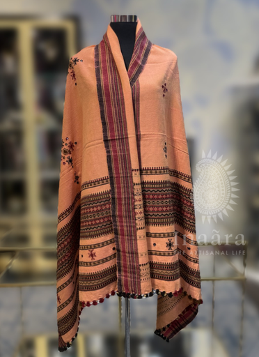 Mirror Work Bhujodi Full Shawl- Peach