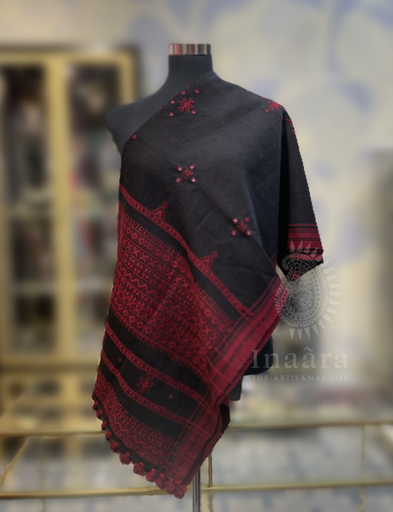 Mirror Work Bhujodi Full Shawl- Black/Maroon
