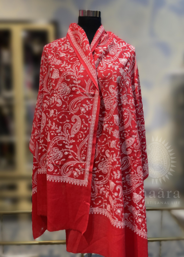 Aari Embroidery Shawl- Red